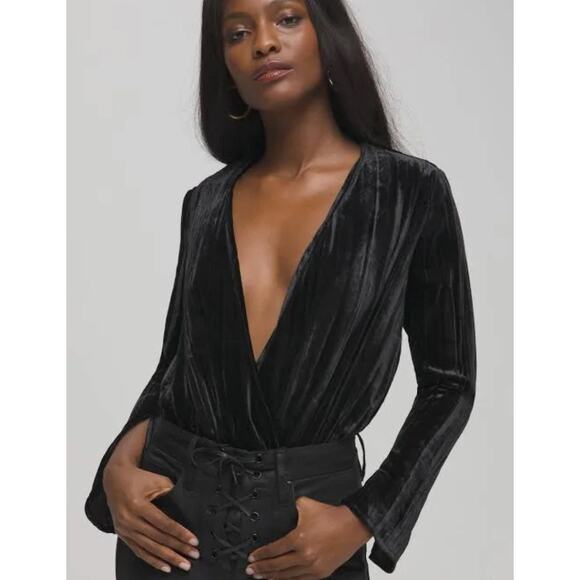 NWT Good American Black Velvet Wrap Bodysuit Deep V Goth Witchy Long Sleeve 2X - Picture 1 of 9